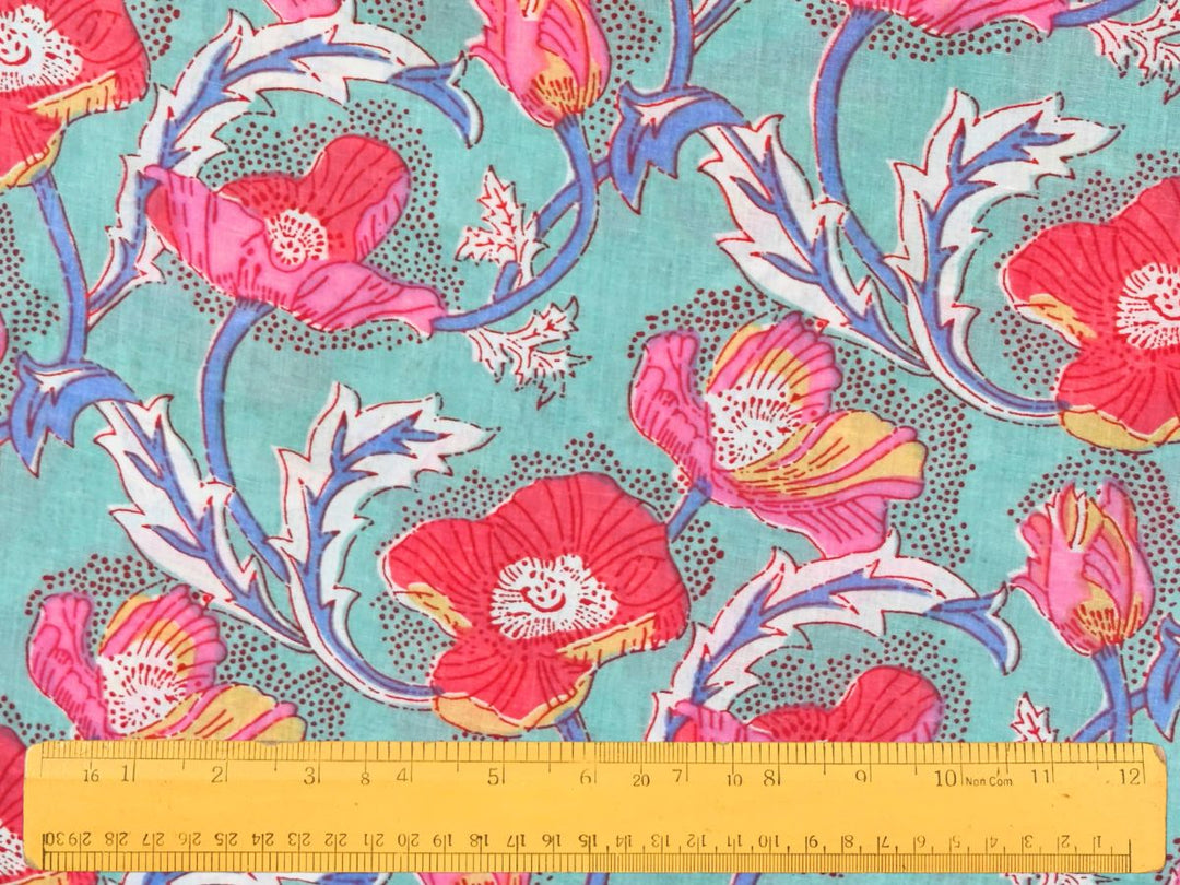 Large-scale poppy floral Indian block print fabric with blue outlined leaves