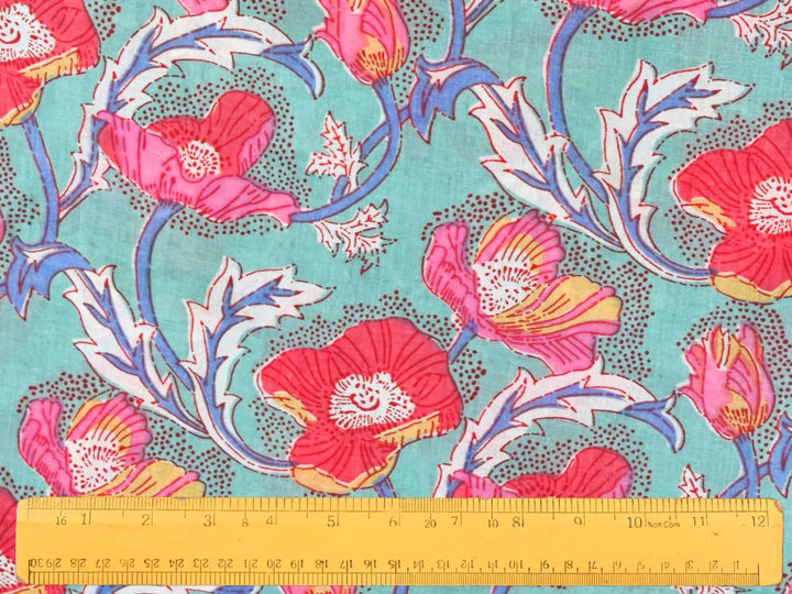 Large-scale poppy floral Indian block print fabric with blue outlined leaves