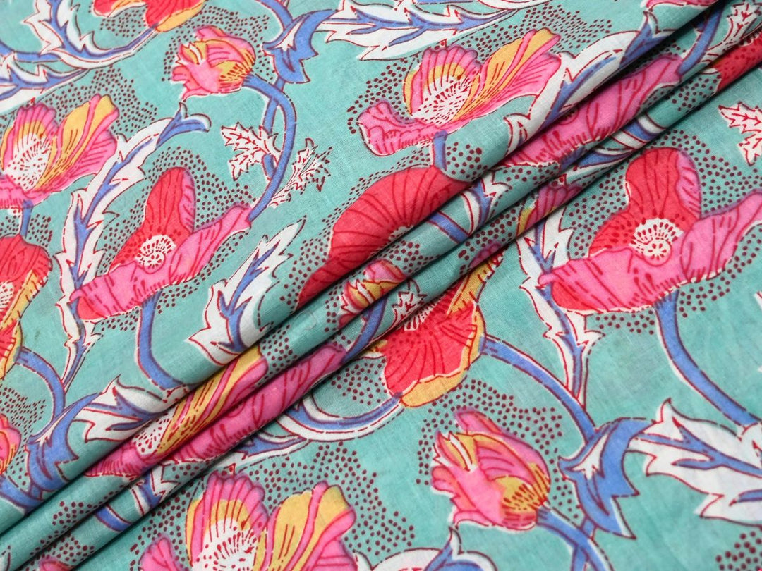 Aqua Poppy Fabric by the Yard | Indian Block Print for Dressmaking | Indolibas
