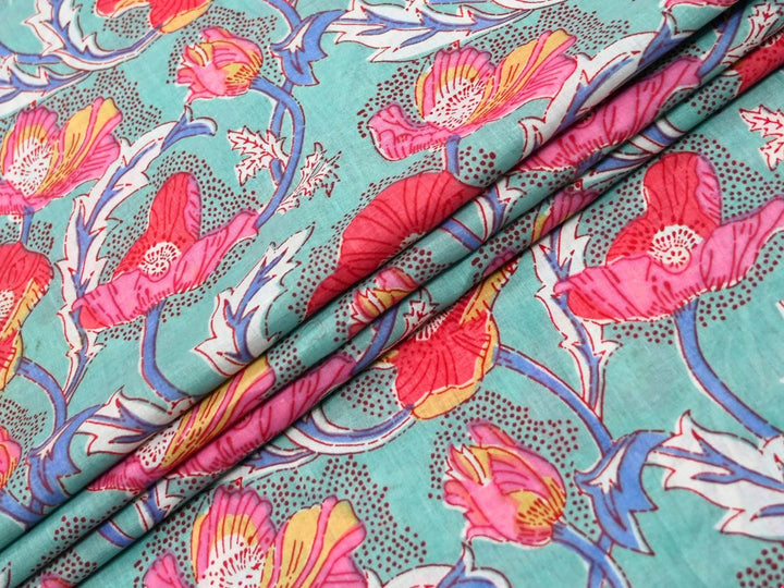 Aqua Poppy Fabric by the Yard | Indian Block Print for Dressmaking | Indolibas