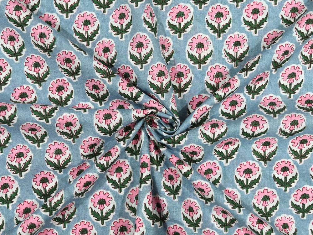 Grey floral fabric by the yard with pink scalloped flower block print