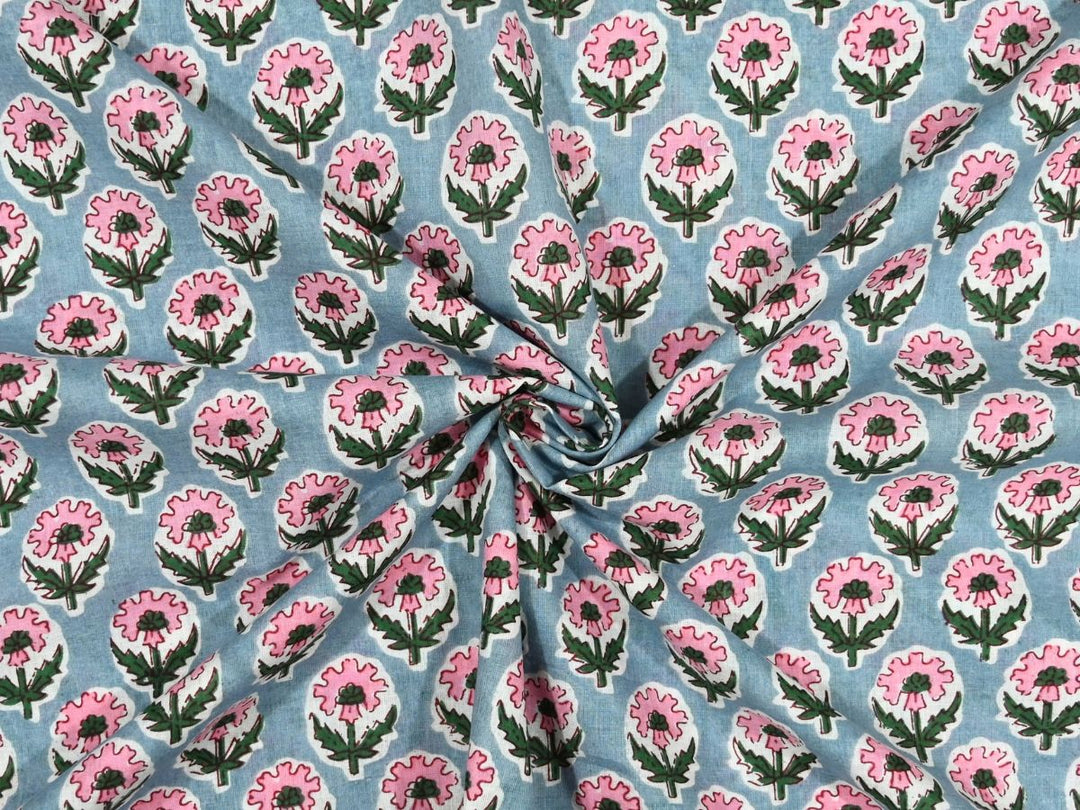 Grey floral fabric by the yard with pink scalloped flower block print
