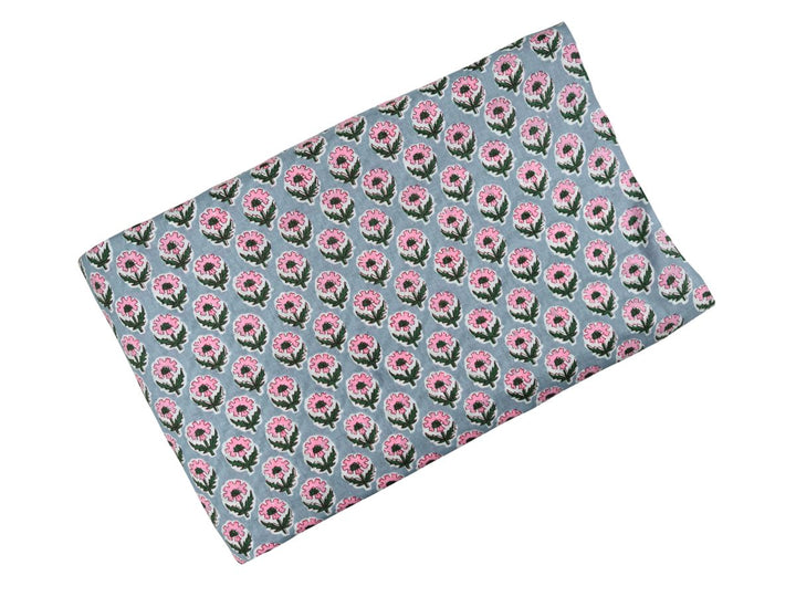 Repeating floral block print on grey ground with white outlines