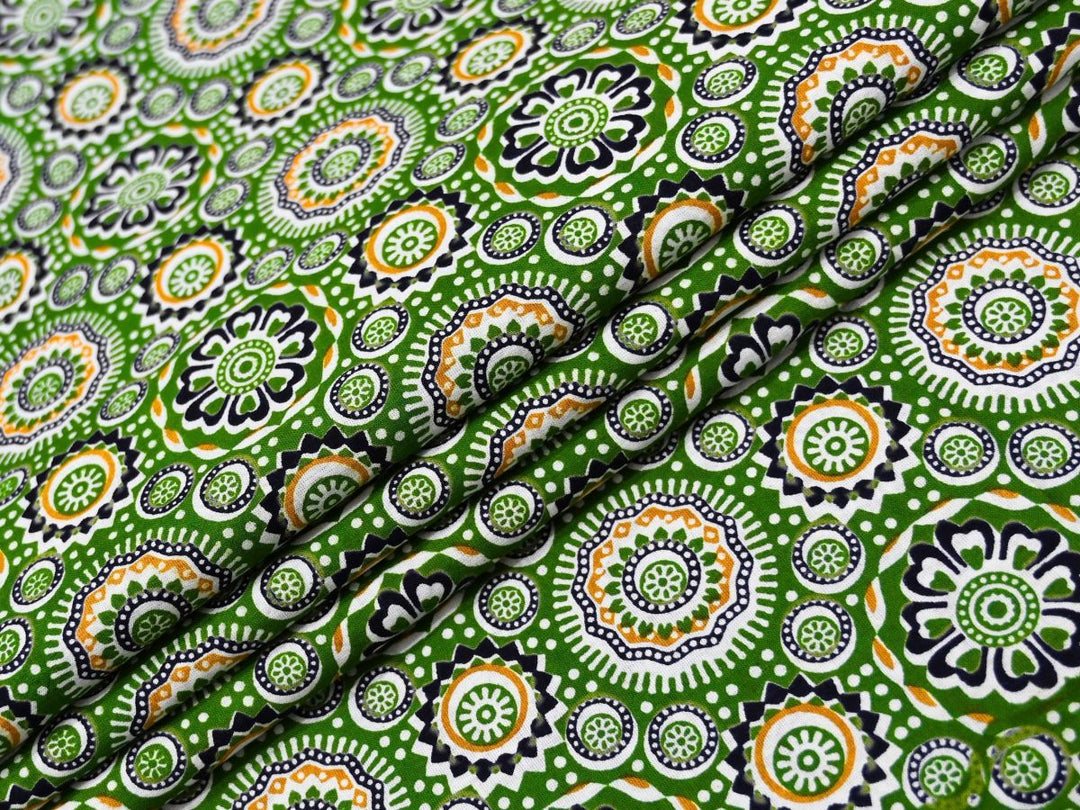 Green Geometric Fabric by the Yard | Indian Block Print for Cushions | Indolibas