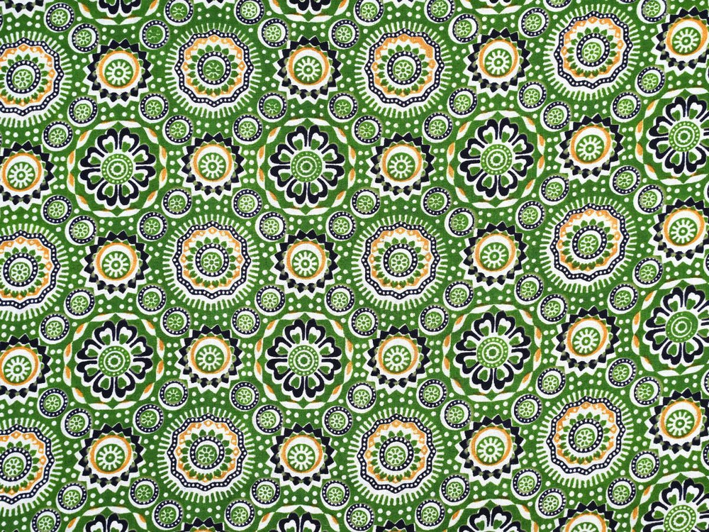Green geometric fabric by the yard with Indian block print mandala design