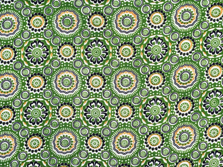 Green geometric fabric by the yard with Indian block print mandala design