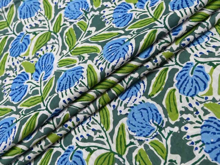 Blue Green Floral Fabric by the Metre | Indian Block Print for Quilting | Indolibas