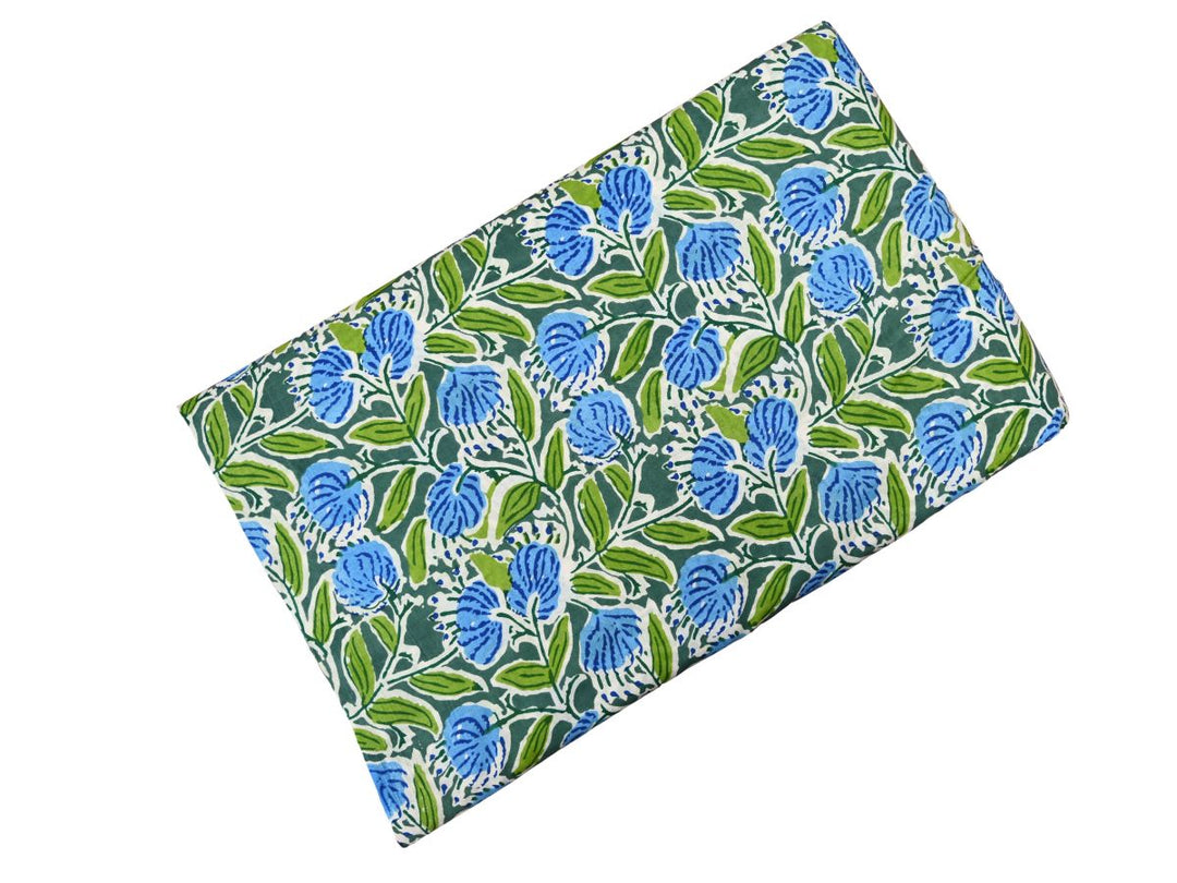 Medium-scale floral block print fabric with navy vein details and white outlines