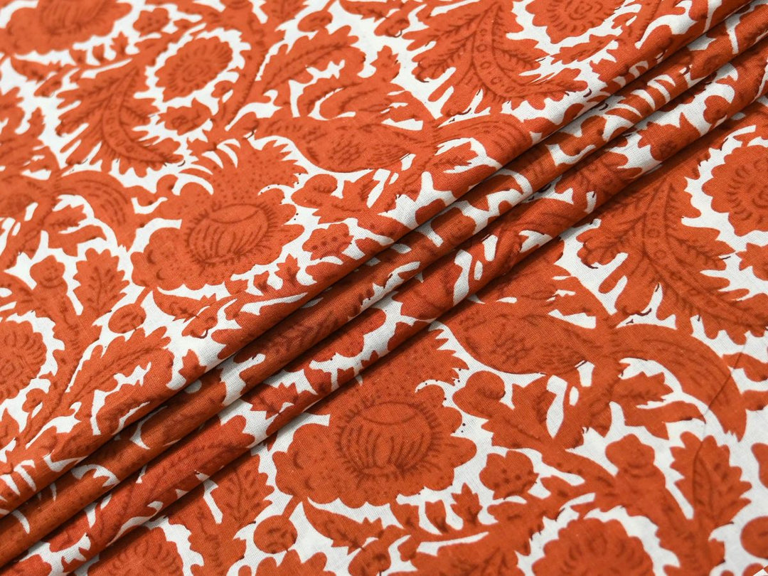 Brown Damask Fabric by the Yard | Indian Block Print Bird Cotton | Indolibas