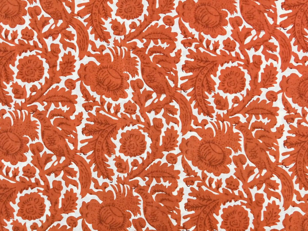 Brown damask fabric by the yard with Indian block print bird design