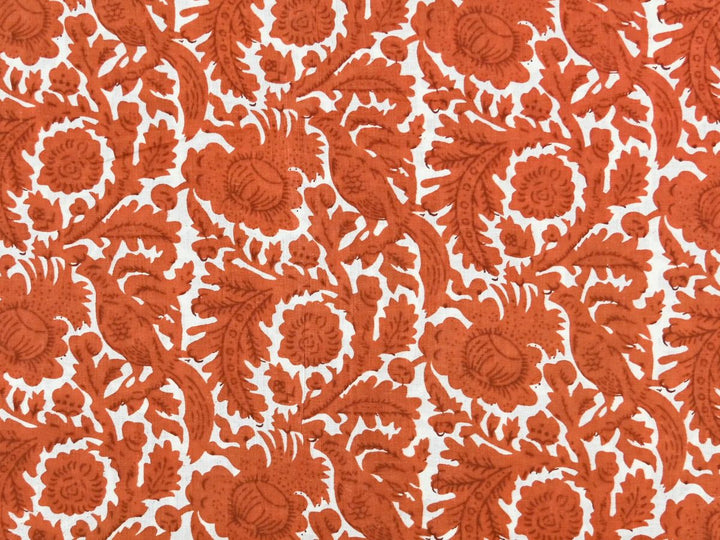 Brown damask fabric by the yard with Indian block print bird design