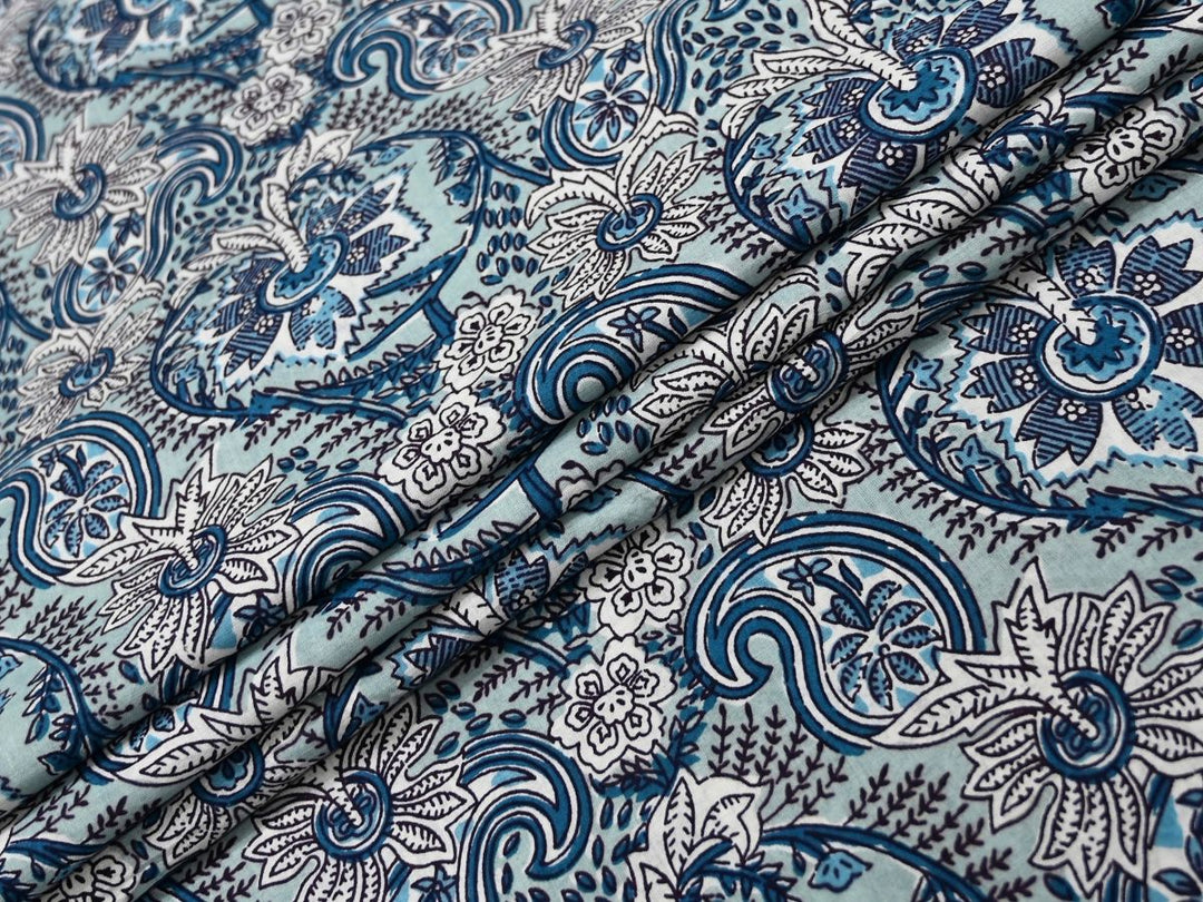 Blue Paisley Fabric by the Metre | Indian Block Print for Home Décor | Indolibas