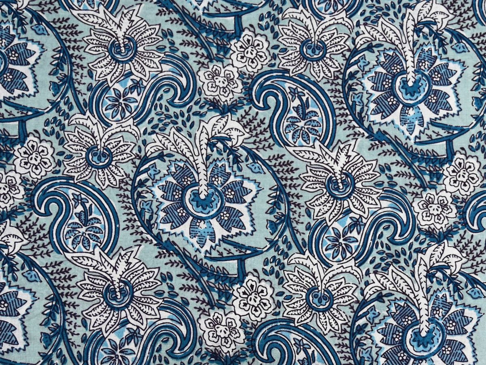 Blue paisley fabric by the metre with Indian block print on light blue