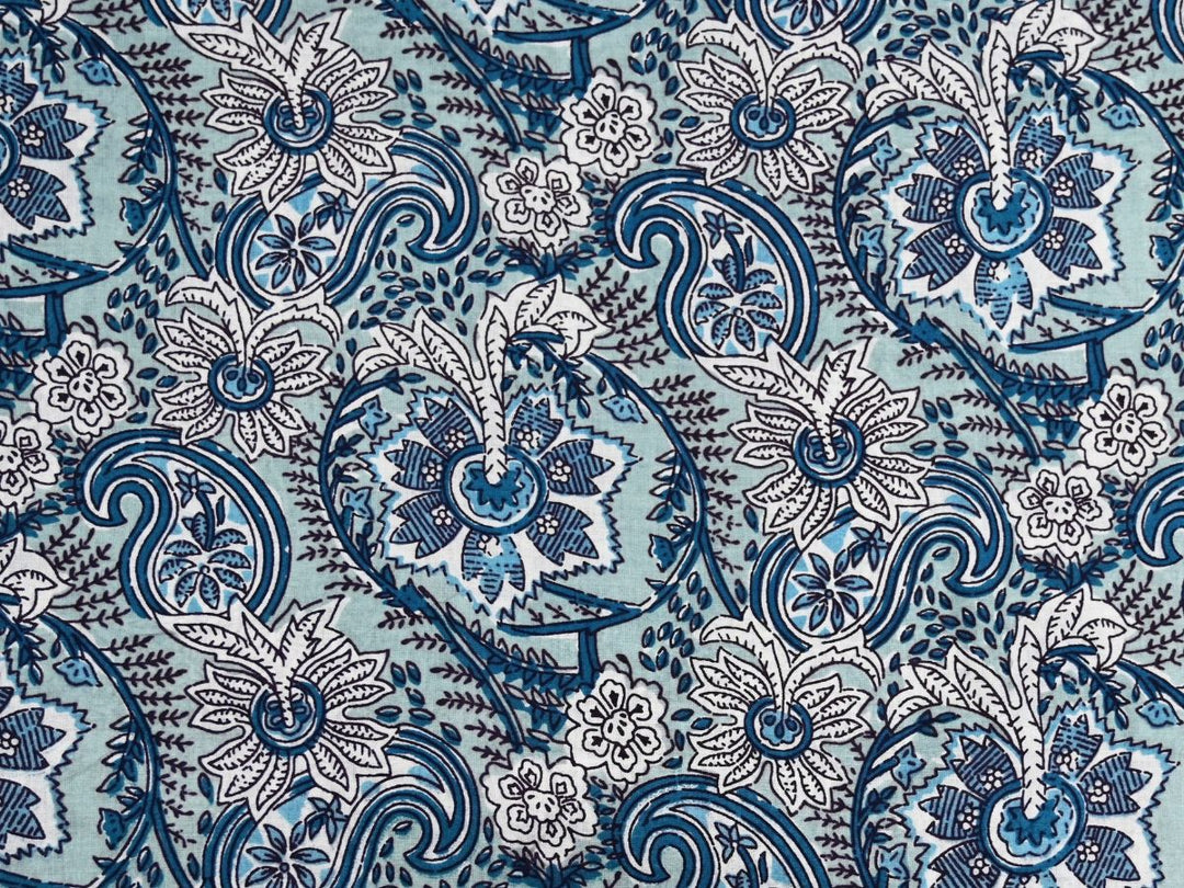 Blue paisley fabric by the metre with Indian block print on light blue