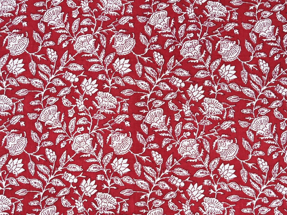 Red and white fabric by the yard with Indian block print outline floral design