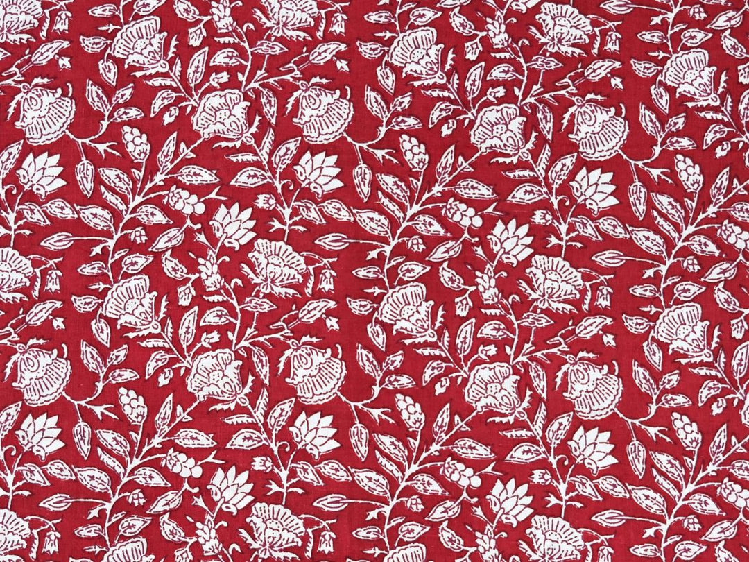 Red and white fabric by the yard with Indian block print outline floral design