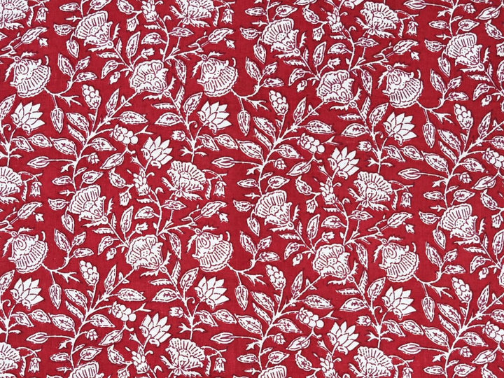 Red and white fabric by the yard with Indian block print outline floral design