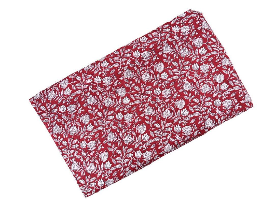Dense white outline floral block print on deep red ground