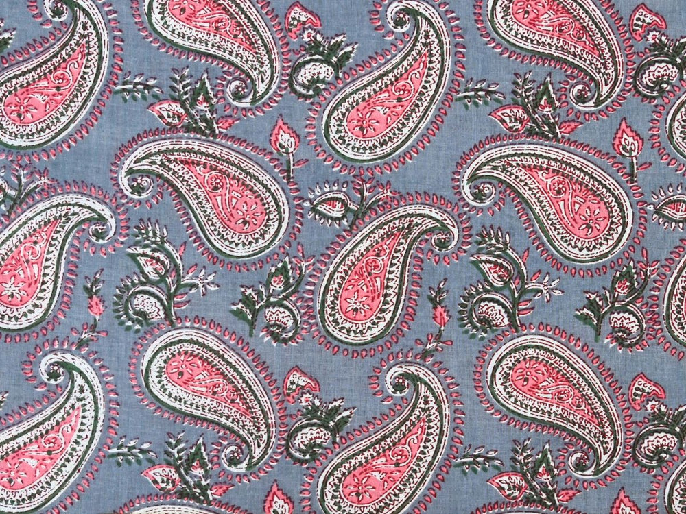 Pink paisley fabric by the metre with Indian block print on soft grey-blue