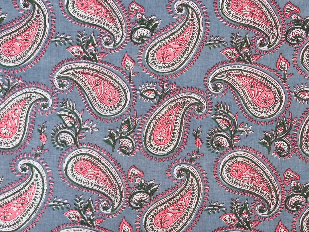 Pink paisley fabric by the metre with Indian block print on soft grey-blue