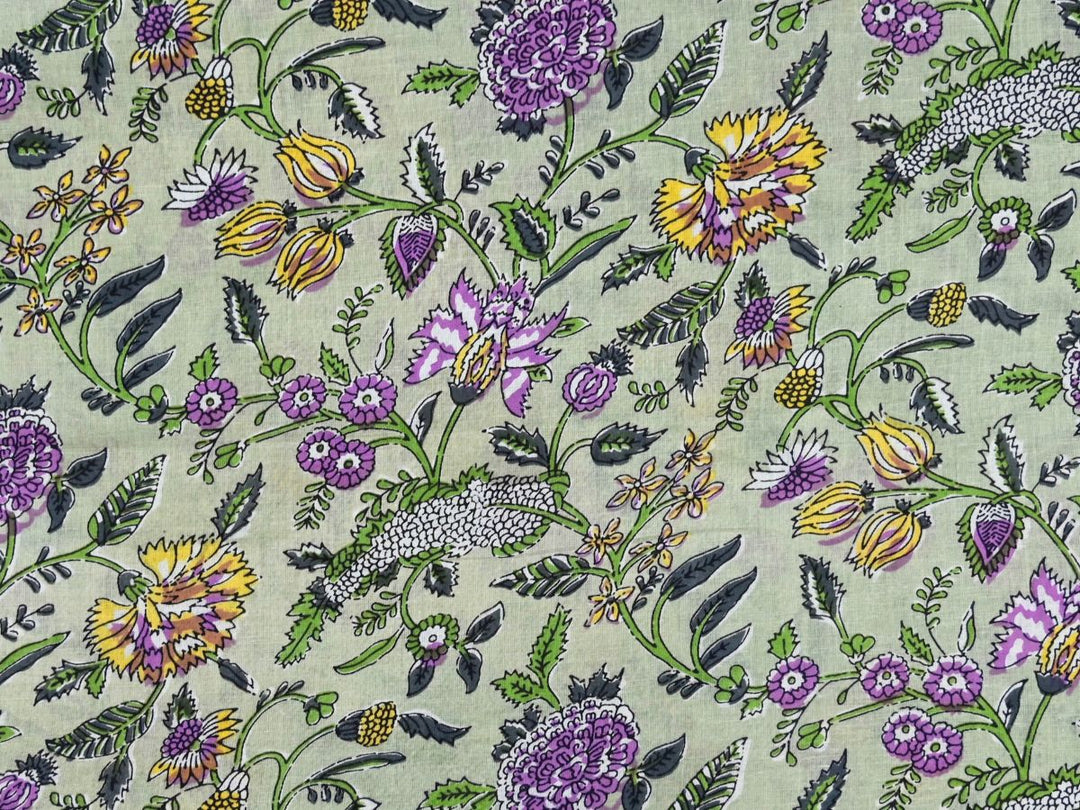 Sage green floral fabric by the meter with Indian block print on soft green