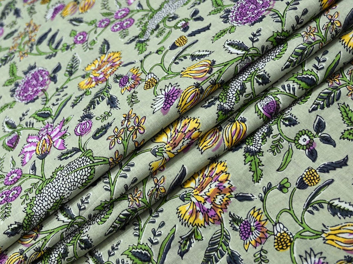 Sage Green Floral Fabric by the Meter | Indian Block Print for Quilting | Indolibas