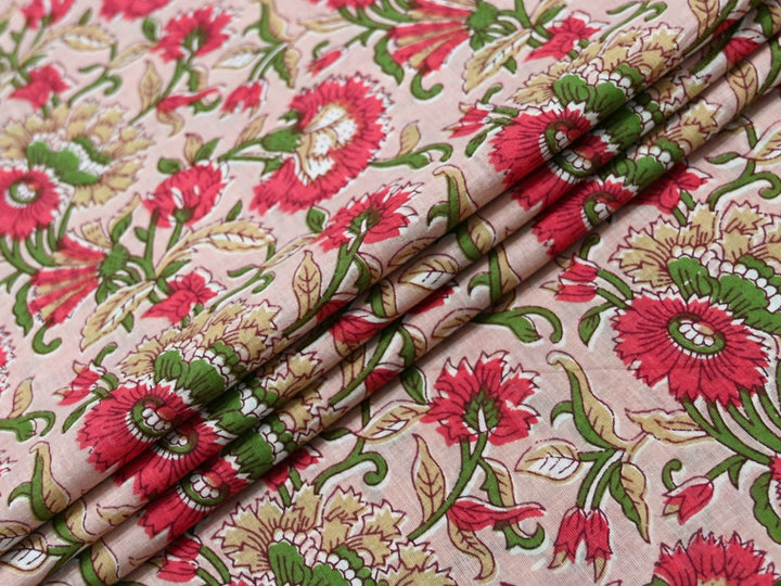Red Floral Fabric by the Meter | Indian Block Print for Quilting | Indolibas