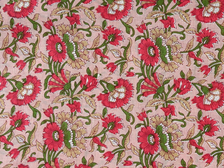 Red floral fabric by the meter with Indian block print on soft pink