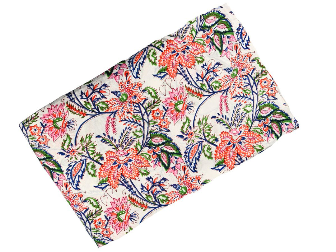 Large-scale floral block print fabric with green leaves and navy branches