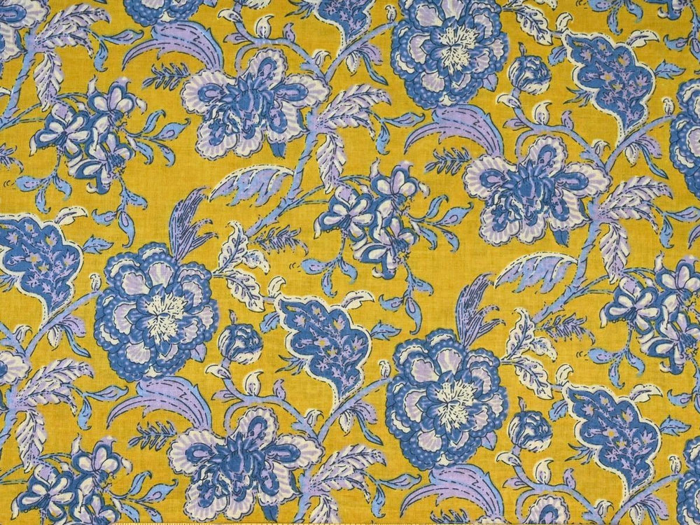 Yellow floral cotton fabric by the yard with blue botanical block print