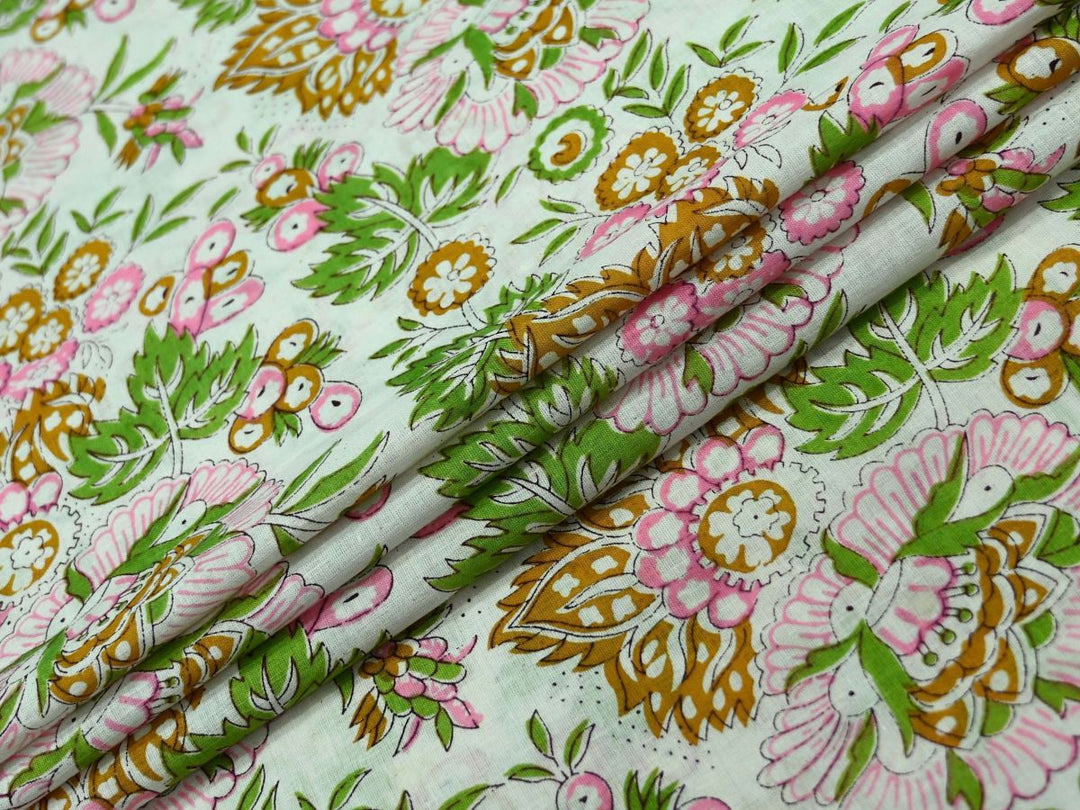 White Floral Fabric by the Yard | Indian Block Print for Cottagecore Décor | Indolibas