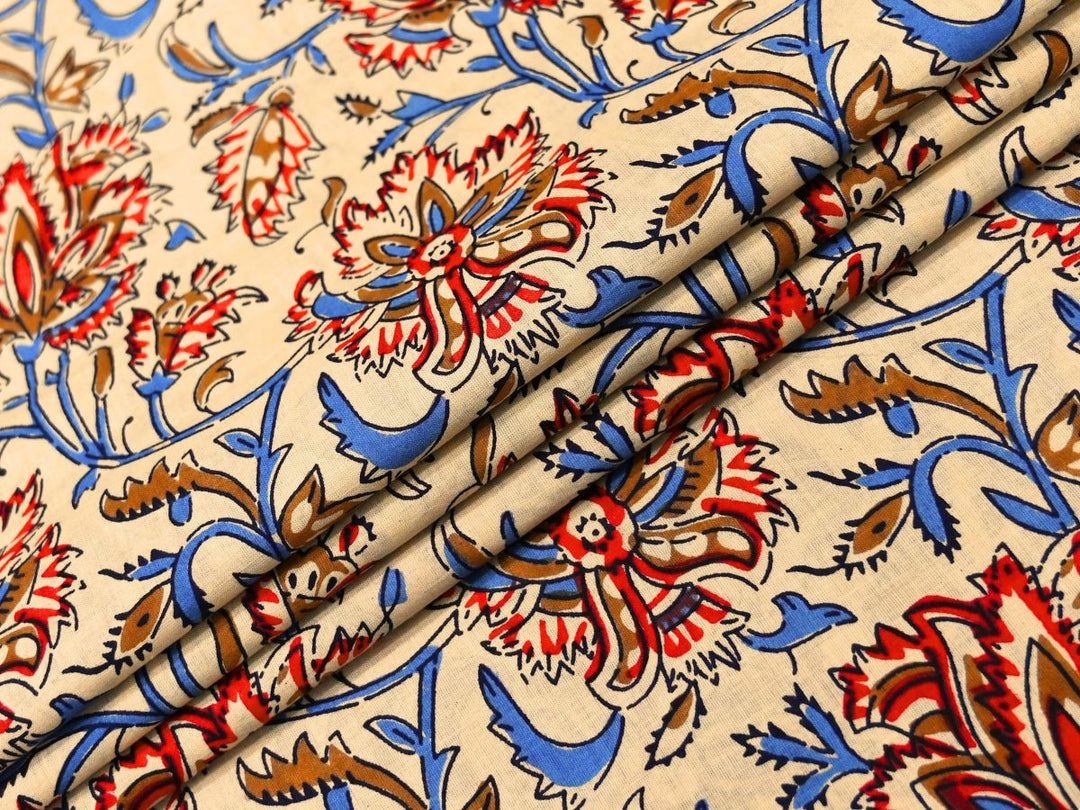 Cream Floral Fabric by the Meter | Indian Block Print for Farmhouse Décor | Indolibas