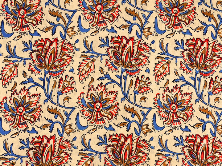 Cream floral fabric by the meter with Indian block print red and blue design