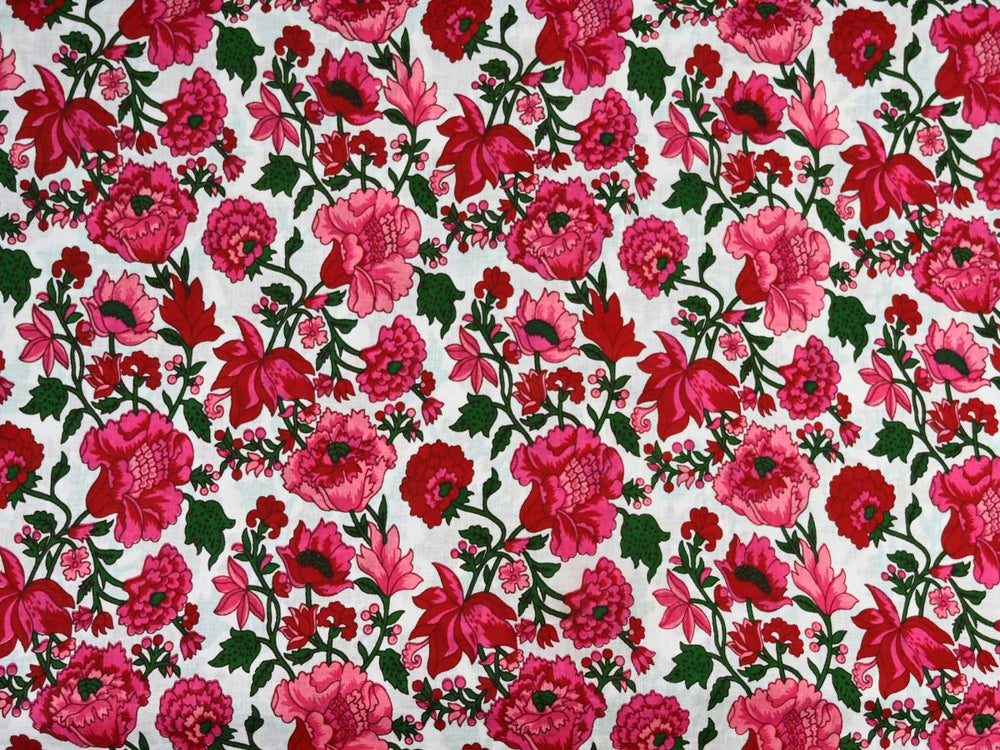 Floral cotton fabric by the yard with fuchsia and pink blooms on white