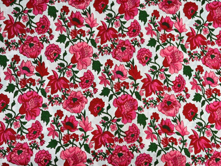 Floral cotton fabric by the yard with fuchsia and pink blooms on white