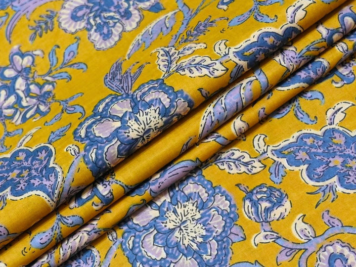 Yellow Floral Cotton Fabric by the Yard | Blue Botanical Block Print | Indolibas
