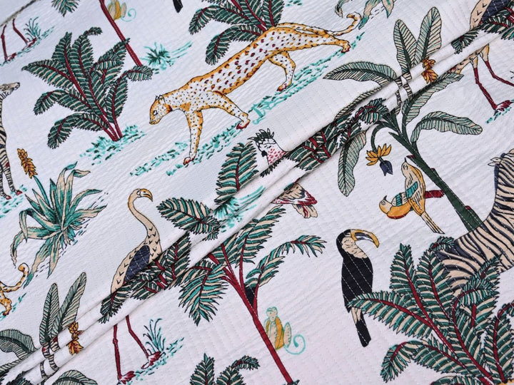Quilted Upholstery Fabric by the Yard | Tropical Jungle Print Reversible | Indolibas