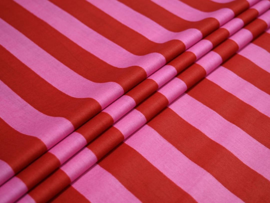 Red Pink Stripe Cotton Textile  | Indian Block Print Cloth by the Yard 	 