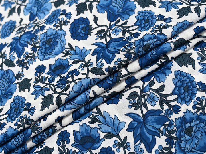Blue Floral Cotton Fabric by the Yard | Quilting Cotton Print | Indolibas