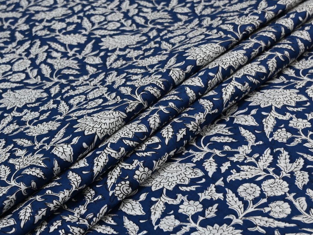 Floral Print Cotton Fabric by the Yard – Indian Indigo Pattern Textile for Sewing