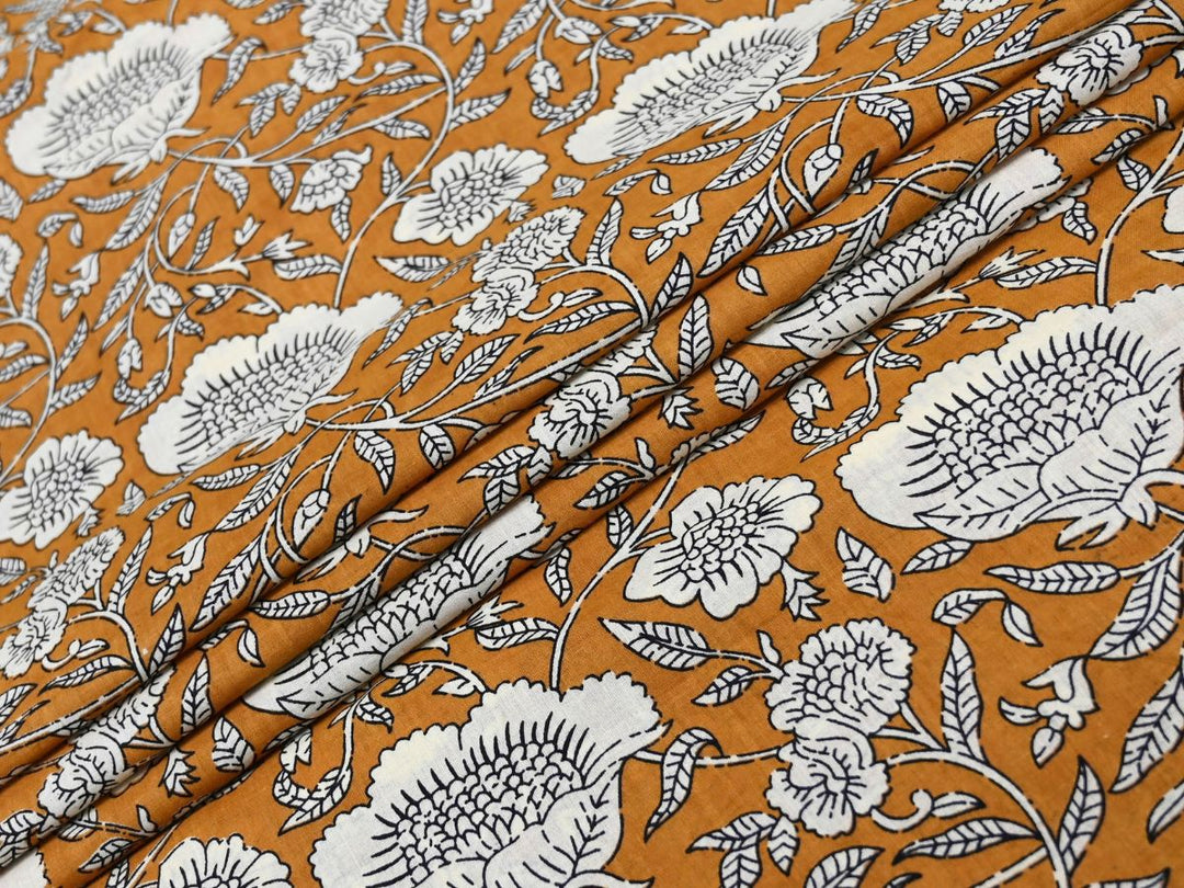 Mustard Floral Cotton Fabric by the Yard | Boho Hand Block Print | Indolibas