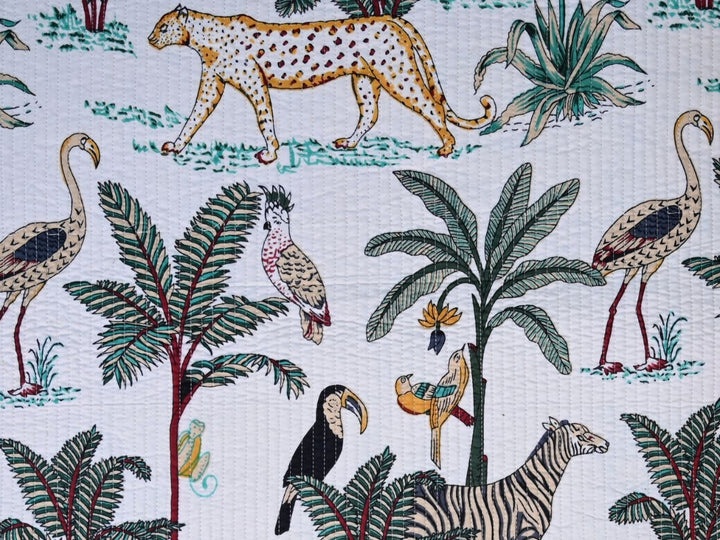 Tropical jungle quilted cotton fabric with pink stripe reverse side