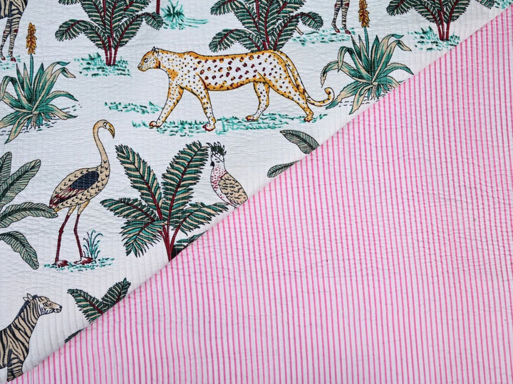 Quilted upholstery fabric by the yard with tropical jungle animal print