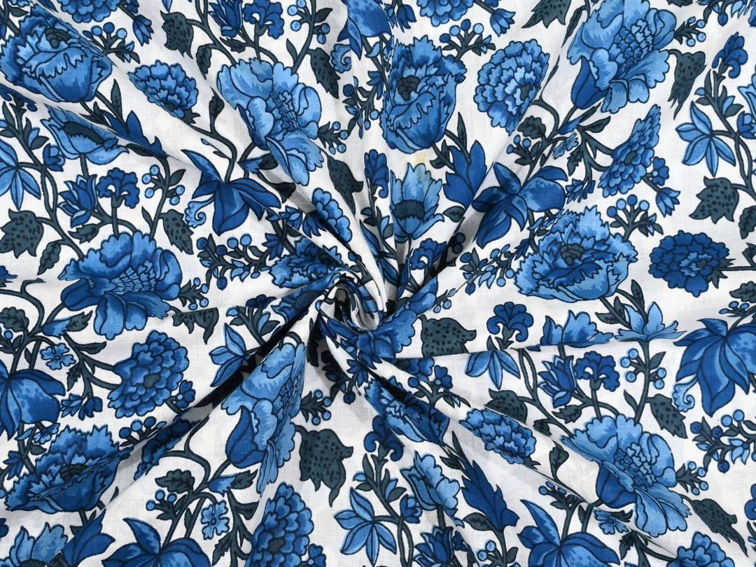 White cotton fabric showing dense blue floral block print