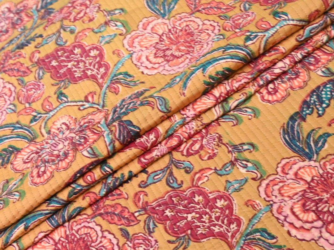 Quilted Upholstery Fabric by the Yard | Mustard Floral Reversible | Indolibas