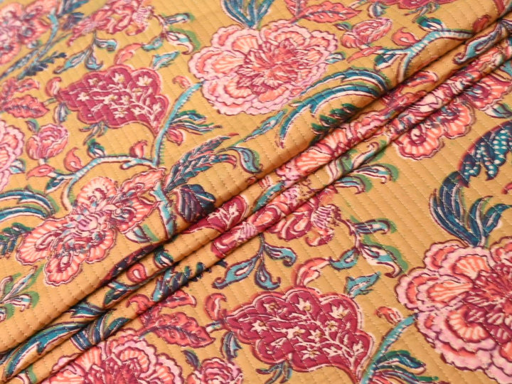 Quilted Upholstery Fabric by the Yard | Mustard Floral Reversible | Indolibas