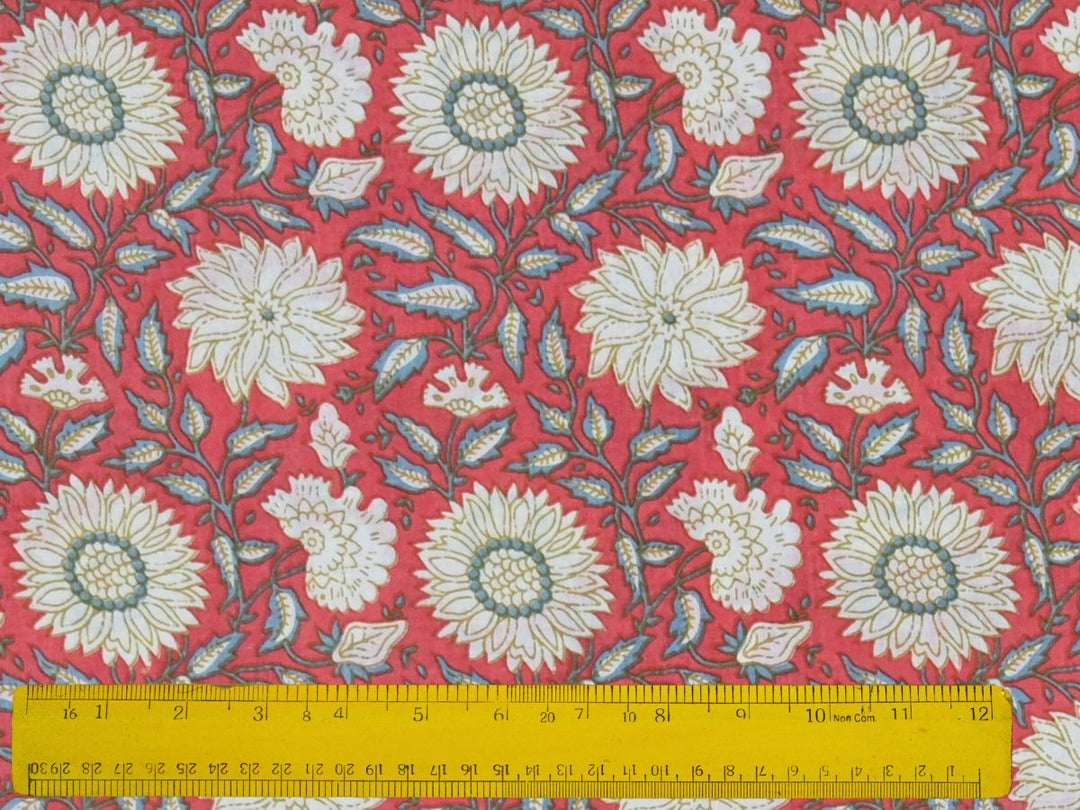 hand block printed floral fabric close up - cotton fabric for sewing floral design 