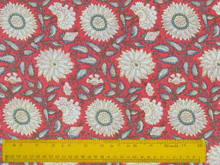 hand block printed floral fabric close up - cotton fabric for sewing floral design 