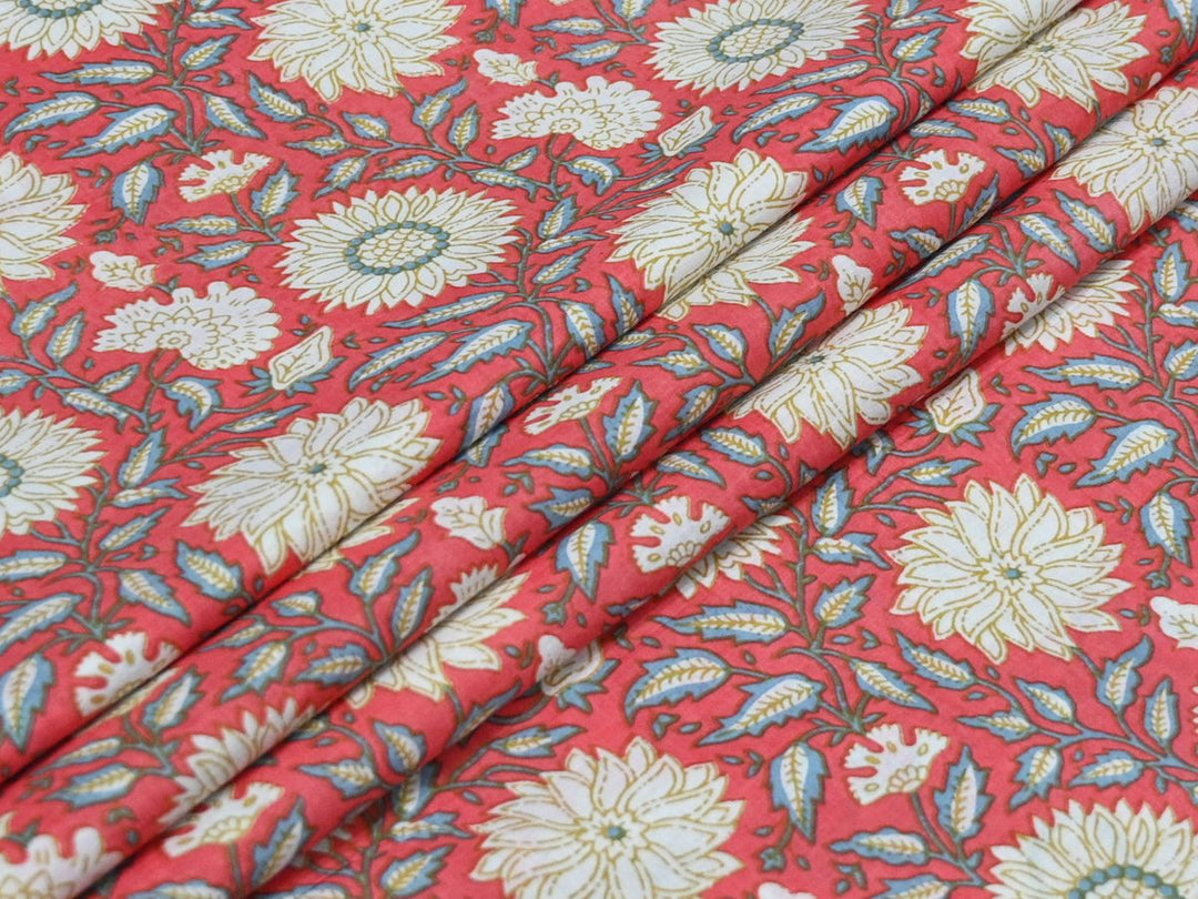 Floral Block Print Cotton Fabric by the Yard – Indian Hand Block Printed Textile for Sewing & Home Decor