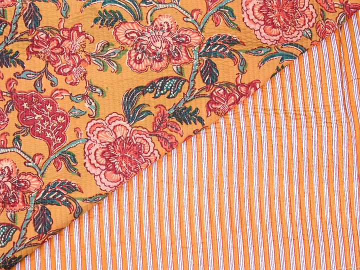 Quilted upholstery fabric by the yard with mustard floral and pink bloom print